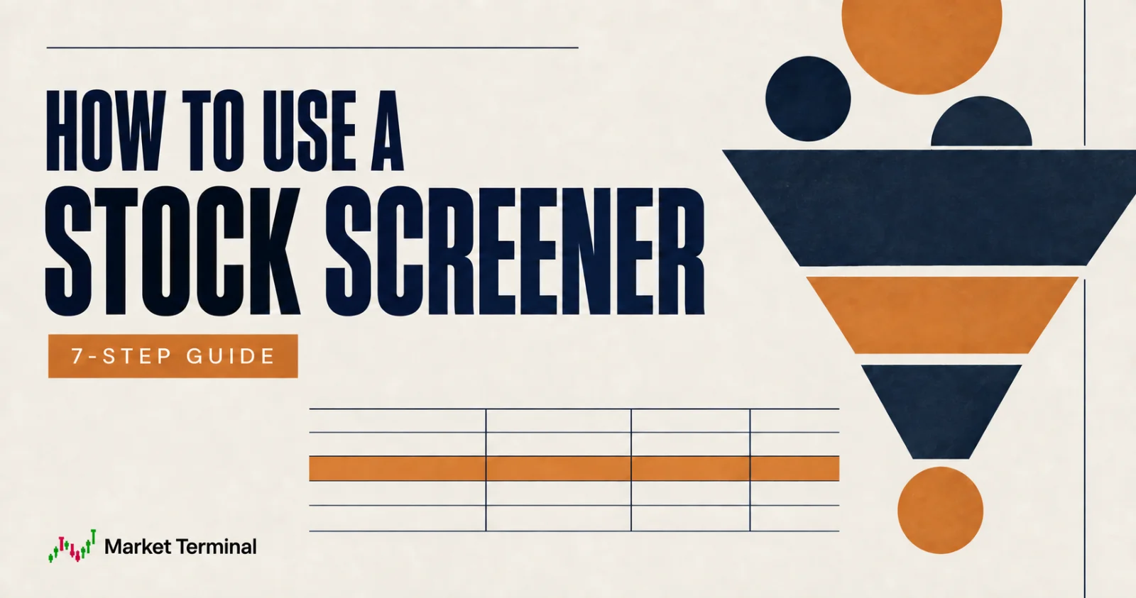 Editorial illustration of a stock screening funnel and selected result row.